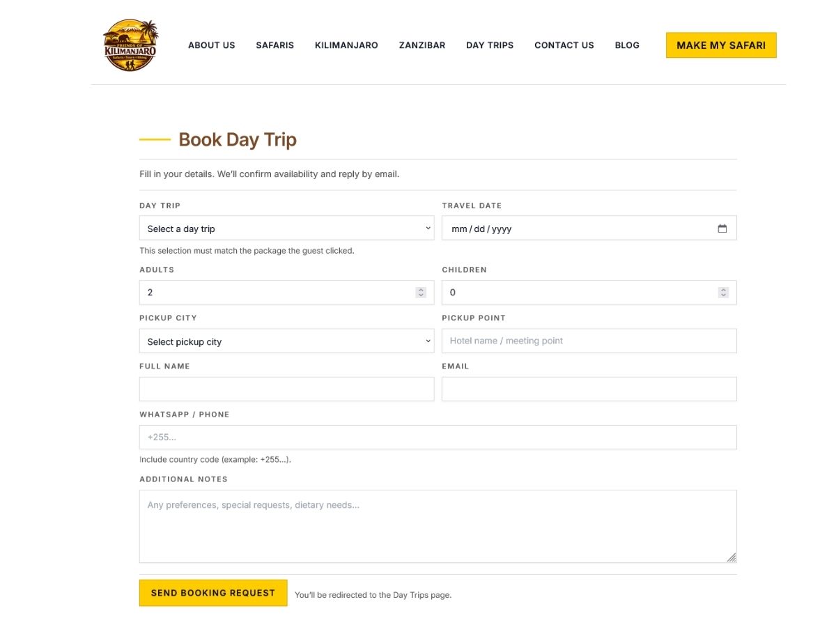Example booking or enquiry form for a tour operator website